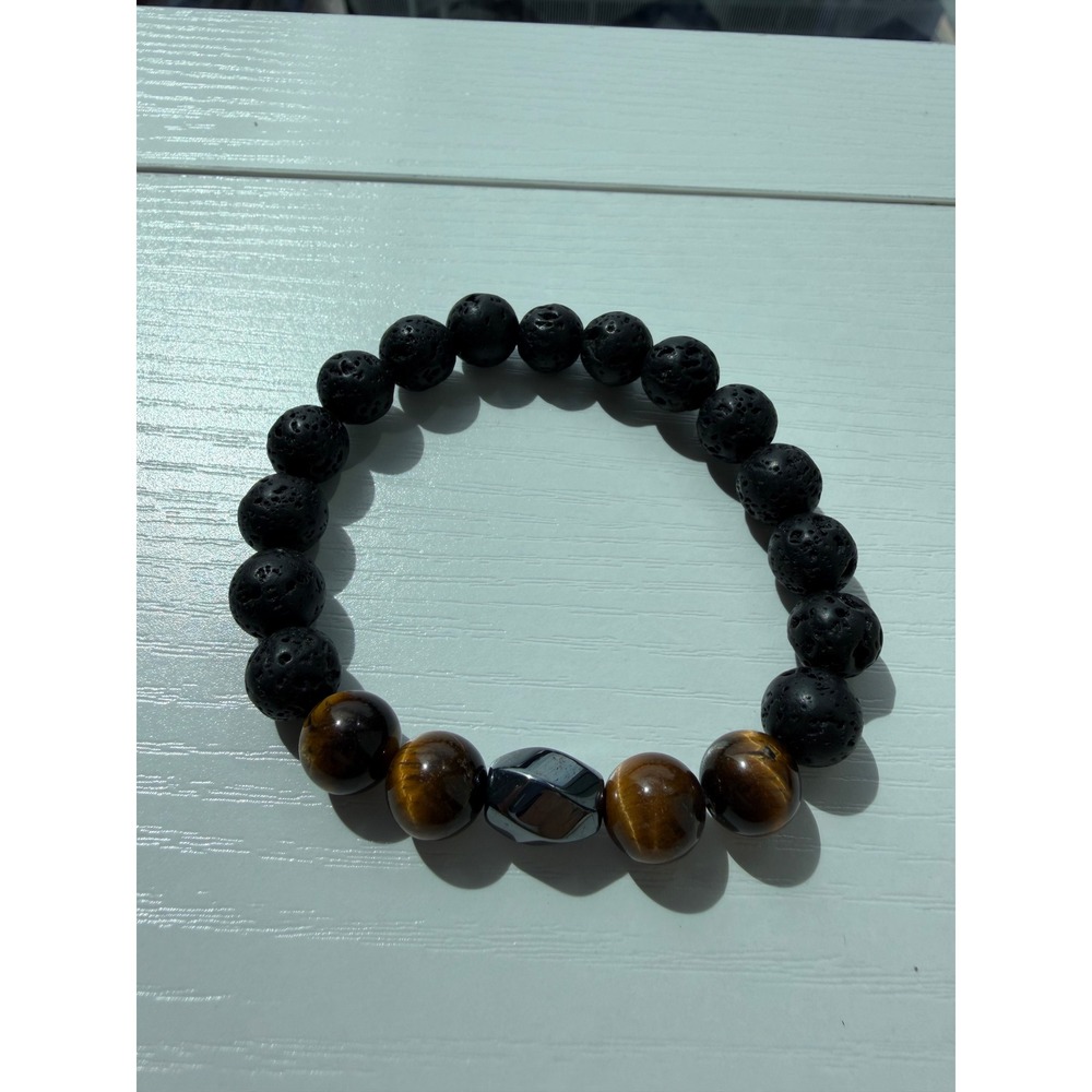 Tiger Eye Black Lava Stone Hematite Beaded Stretch Bracelet Unisex